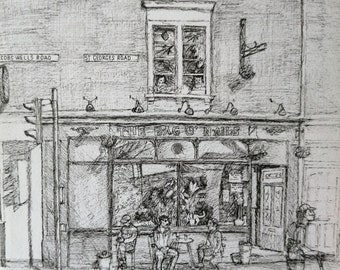 May include: A black and white pen and ink drawing of a pub called "The Bag O'Nails" with people sitting outside on a patio. The pub is located on a street corner with street signs that read "Cobs Wells Road" and "St Georges Road".