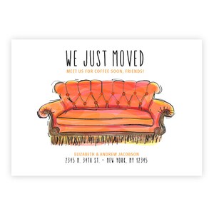 Friends TV Show Moving Card, Digital Download, Just Moved, Orange Couch, 7x5, Watercolor effect image 2