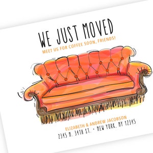 Friends TV Show Moving Card, Digital Download, Just Moved, Orange Couch, 7x5, Watercolor effect image 3