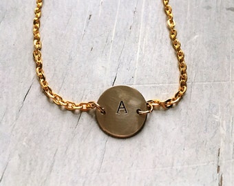 Hand stamped small circle initial necklace. Monogram. Bridesmaid gift.