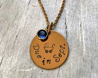 Due in...hand stamped pregnancy necklace. Choose month and birthstone swarovski crystal charm. New mom. Expecting.