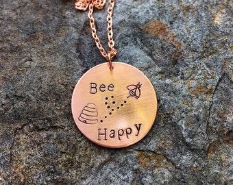 Hand stamped 'Bee Happy' pendant. Bumblebee. Hive.