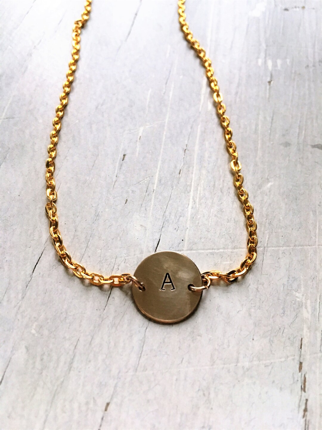 Hand stamped small circle initial necklace. Monogram. Bridesmaid gift