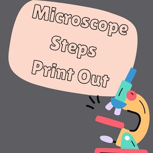 Op de afbeelding: Een kleurrijk, afdrukbaar schema met 10 stappen voor het gebruik van een microscoop. Het schema bevat illustraties van een microscoop, een dia en een micro-organisme. De tekst bevat de woorden "Microscope Steps Print Out".