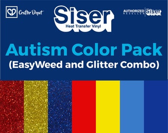 May include: A pack of Siser EasyWeed and Glitter heat transfer vinyl in red, gold, blue, and yellow. The pack is labeled "Autism Color Pack (EasyWeed and Glitter Combo)".
