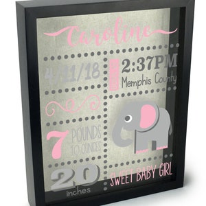 May include: A black framed shadow box with a grey and pink elephant design. The box includes the name "Caroline", the date "4/11/18", the time "2:37 PM", the location "Memphis County", the weight "7 pounds 10 ounces", and the length "20 inches". The text "Sweet Baby Girl" is also included.
