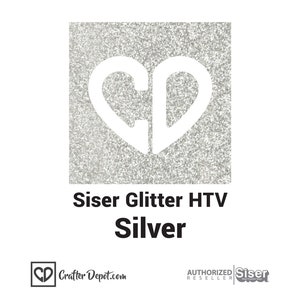 May include: A silver glitter heat transfer vinyl sheet with a white heart-shaped logo that says "CD" inside. The text "Siser Glitter HTV Silver" is below the image. The text "Crafter Depot.com" is in the bottom left corner and "AUTHORIZED RESELLER Siser" is in the bottom right corner.