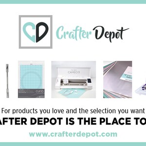 May include: A collage of crafting supplies, including adhesive, a cutting mat, a cutting machine, vinyl sheets, and a storage case with various dies. The text "Crafter Depot" is displayed in a heart-shaped logo. The tagline "For products you love and the selection you want CRAFTER DEPOT IS THE PLACE TO GO www.crafterdepot.com" is also included.