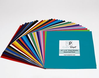 Crafter Depot Assorted 12" x 12" Vinyl 32 Color Pack - Gloss Craft Vinyl, Permanent Adhesive, Outdoor Vinyl, Silhouette and Cricut Vinyl