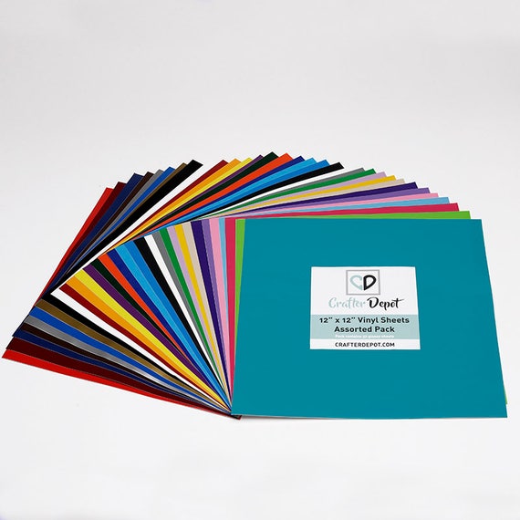 Crafter Depot Assorted 12" x 12" Vinyl 32 Color Pack - Gloss Craft Vinyl, Permanent Adhesive, Outdoor Vinyl, Silhouette and Cricut Vinyl