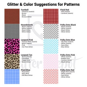 Op de afbeelding: Een grafiek met kleur suggesties voor verschillende patronen. De patronen omvatten voetbal, rood ruitpatroon, ruitpatroon, zwarte stippen, luipaardprint roze, blauwe stippen, luipaardprint bruin, blauw ruitpatroon, roze stippen en rode stippen. Elk patroon heeft een lijst met suggesties voor kleuren en glitteropties.