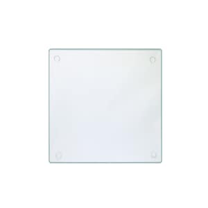 May include: A clear glass cutting board with rounded corners and four small holes.