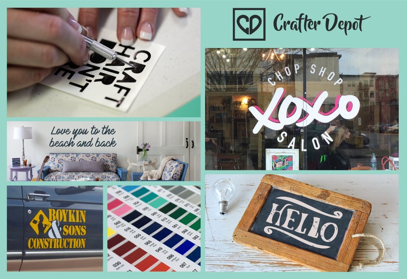 Op de afbeelding: Een collage van afbeeldingen die verschillende knutselprojecten laten zien, waaronder een bord met de tekst "Love you to the beach and back", een bord met de tekst "Chopshop xoxo Salon", een bord met de tekst "Hello" en een bord met de tekst "Boykin & Sons Construction".