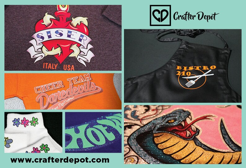 May include: A collage of images showcasing different types of apparel and accessories that can be customized with glitter iron-on vinyl. The images include a black t-shirt with a red heart design, an orange t-shirt with a cheer team logo, a white sock with a floral design, a purple t-shirt with a green glitter design, a black apron with a bistro logo, and a pink t-shirt with a snake design.