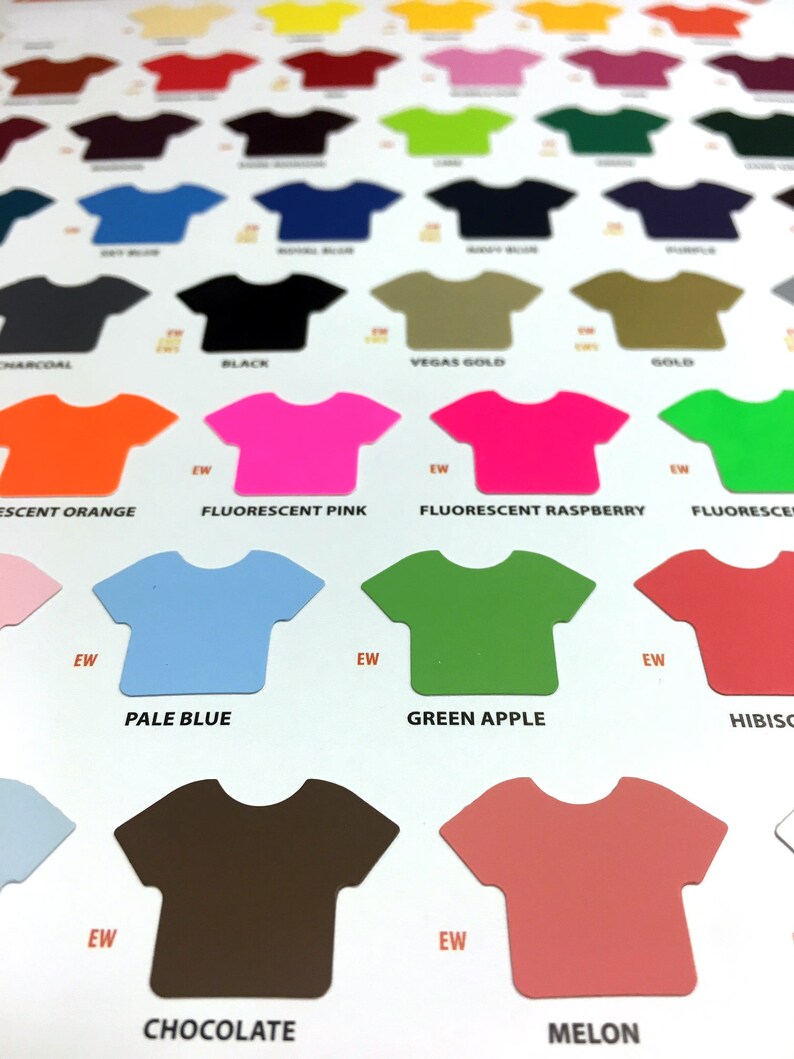 May include: A chart of t-shirt colors with names like Charcoal, Black, Vegas Gold, Fluorescent Pink, Pale Blue, Green Apple, Chocolate, and Melon.