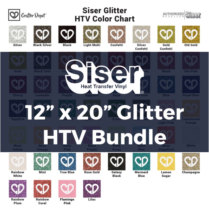 May include: A color chart of Siser Glitter Heat Transfer Vinyl, showing 36 different colors in 12" x 20" sheets. The chart includes colors like silver, gold, black, pink, blue, green, and more.