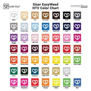 May include: Color chart for Siser EasyWeed heat transfer vinyl. The chart shows 36 different colors, including white, black, gray, red, blue, green, yellow, orange, pink, purple, and brown. The chart is labeled with the color name and the Siser EasyWeed logo.