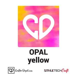 May include: A white heart-shaped graphic with the letters "CD" inside, on a pink and yellow watercolor background. The text "OPAL yellow" is below the graphic.