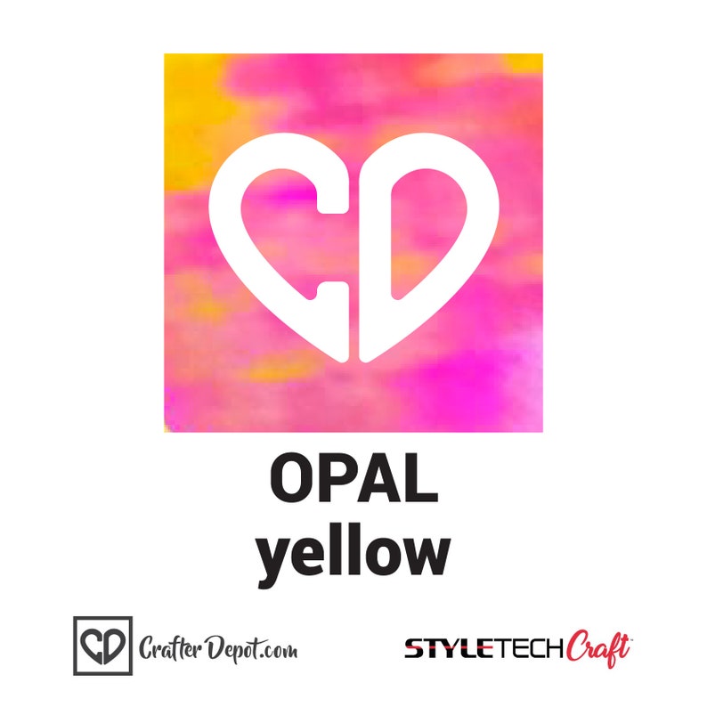 May include: A white heart-shaped graphic with the letters "CD" inside, on a pink and yellow watercolor background. The text "OPAL yellow" is below the graphic.