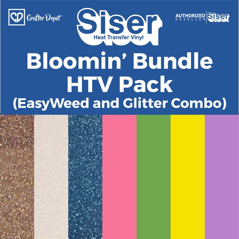 K&ouml;nnte beinhalten: Ein Pack Siser EasyWeed und Glitter Heat Transfer Vinyl in verschiedenen Farben, darunter Gold, Wei&szlig;, Blau, Rosa, Gr&uuml;n, Gelb und Lila. Das Pack ist mit "Bloomin' Bundle HTV Pack (EasyWeed and Glitter Combo)" beschriftet.