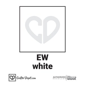 May include: White heat transfer vinyl with the letters "EW" and the word "white" below. The vinyl is in a square frame with a heart-shaped "CD" logo in the top left corner.