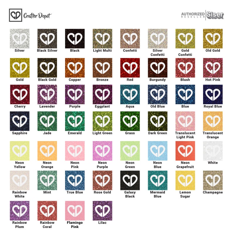 May include: A chart of 36 different colours of glitter, each colour is represented by a heart shape with the colour name written below it. The colours include silver, black silver, black, light multi, confetti, silver confetti, gold confetti, old gold, gold, black gold, copper, bronze, red, burgundy, blush, hot pink, cherry, lavender, purple, eggplant, aqua, old blue, blue, royal blue, sapphire, jade, emerald, light green, grass, dark green, translucent light pink, translucent orange, neon yellow, neon orange, neon pink, neon purple, neon green, neon blue, neon grapefruit, white, rainbow white, mint, true blue, rose gold, galaxy black, mermaid blue, lemon sugar, champagne, rainbow plum, rainbow coral, flamingo pink, lilac.