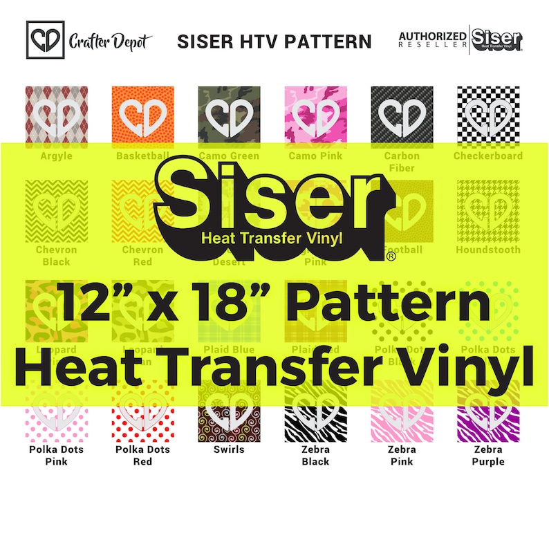 Op de afbeelding: Een kaart met 18 verschillende hittetransfer-vinylpatronen, elk met een afmeting van 30,5 cm bij 45,7 cm. De patronen omvatten argyle, basketbal, camouflage groen, camouflage roze, carbonvezel, schaakbord, chevron zwart, chevron rood, woestijn, roze, voetbal, ruit, luipaard, ruit blauw, ruit rood, stippen zwart, stippen roze, stippen rood, swirls, zebra zwart, zebra roze en zebra paars.