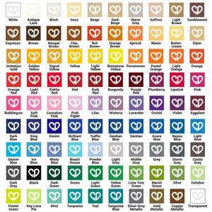 May include: A color chart featuring a variety of hues, each labeled with a unique name. The chart includes shades of white, brown, yellow, red, blue, green, and gray, with a heart-shaped logo in each color block. The colors range from light to dark.