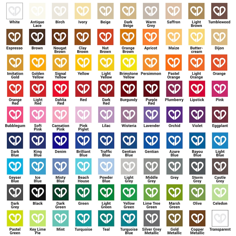 May include: A color chart featuring a variety of hues, each labeled with a unique name. The chart includes shades of white, brown, yellow, red, blue, green, and gray, with a heart-shaped logo in each color block. The colors range from light to dark.