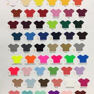 May include: A color chart of EasyWeed heat transfer vinyl, showing a variety of colors in the form of t-shirt shapes. The chart includes colors like white, cream, lemon, yellow, sun, orange, Texas orange, bright red, red, bubble gum, pink, burgundy, cardinal, maroon, dark maroon, lime, green, dark green, turquoise, sky blue, royal blue, navy blue, purple, brown, gray, charcoal, black, Vegas gold, gold, silver, fluorescent yellow, fluorescent orange, fluorescent pink, fluorescent raspberry, fluorescent green, fluorescent blue, fluorescent coral, light pink, pale blue, green apple, hibiscus, lilac, tan, powder blue, chocolate, melon, glow in the dark, passion pink, coral, sea glass, sweet mint, purple berry, ballerina pink, and chestnut.