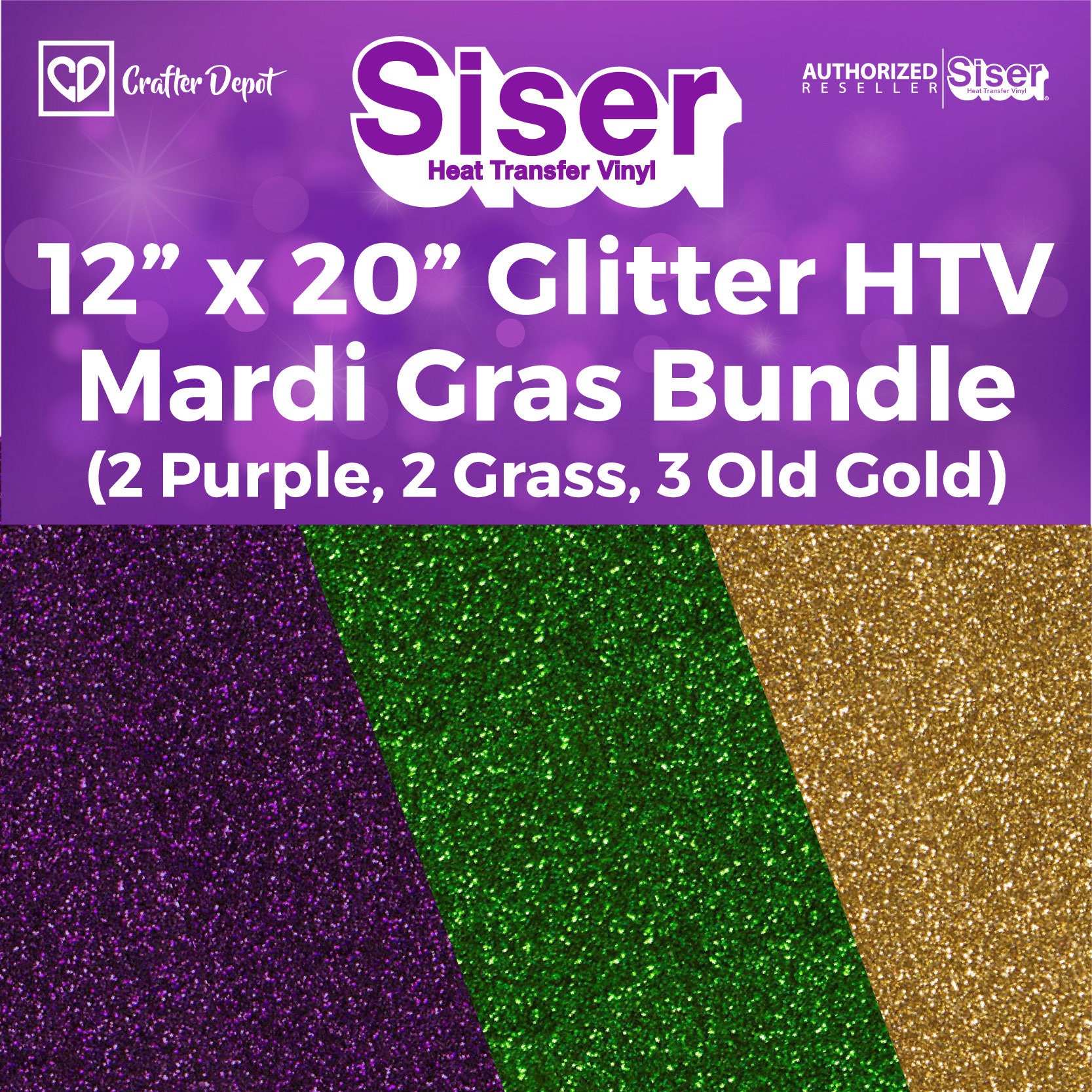 Siser Glitter HTV Mardi Gras Bundle Heat Transfer Vinyl, HTV Vinyl, Glitter  Vinyl, 2 Purple Sheets, 2 Grass Sheets, 3 Old Gold Sheets 