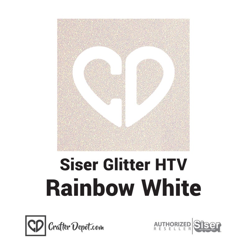 K&ouml;nnte beinhalten: Siser Glitter HTV in Regenbogenwei&szlig;. Das Bild zeigt eine Probe des Glitzer-Flexfolien mit einer wei&szlig;en Herzform.