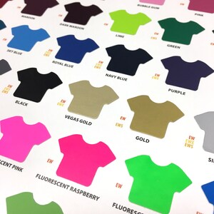 May include: A chart of t-shirt colors with names like "Maroon", "Dark Maroon", "Lime", "Bubble Gum", "Pink", "Green", "Sky Blue", "Royal Blue", "Navy Blue", "Purple", "Black", "Vegas Gold", "Gold", "Fluorescent Raspberry", "Fluorescent Green", and "Silver".
