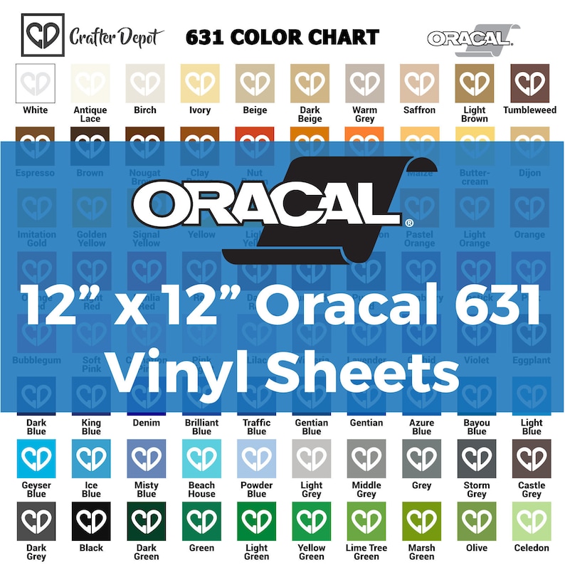 May include: A color chart for Oracal 631 vinyl sheets. The chart displays a variety of colors, including white, black, and various shades of blue, green, and grey. The text "12" x 12" Oracal 631 Vinyl Sheets" is prominently displayed.