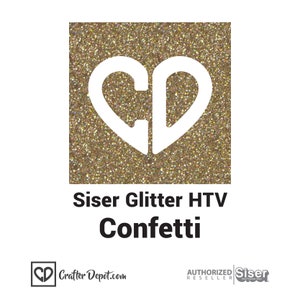 K&ouml;nnte beinhalten: Siser Glitter HTV in der Farbe Konfetti. Das Glitter-Transfer-Vinyl ist goldfarben mit einem feinen Glitzer-Finish. Das Bild zeigt eine Herzform mit den Buchstaben "CD" darin.