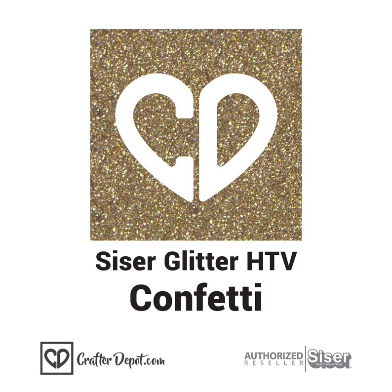 K&ouml;nnte beinhalten: Siser Glitter HTV in der Farbe Konfetti. Das Glitter-Transfer-Vinyl ist goldfarben mit einem feinen Glitzer-Finish. Das Bild zeigt eine Herzform mit den Buchstaben "CD" darin.