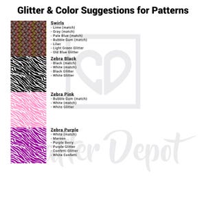 Op de afbeelding: Een grafiek met kleur suggesties voor verschillende patronen. De patronen omvatten swirls, zebra zwart, zebra roze en zebra paars. De grafiek geeft kleuren weer die bij de patronen passen, evenals glitter en confetti opties.