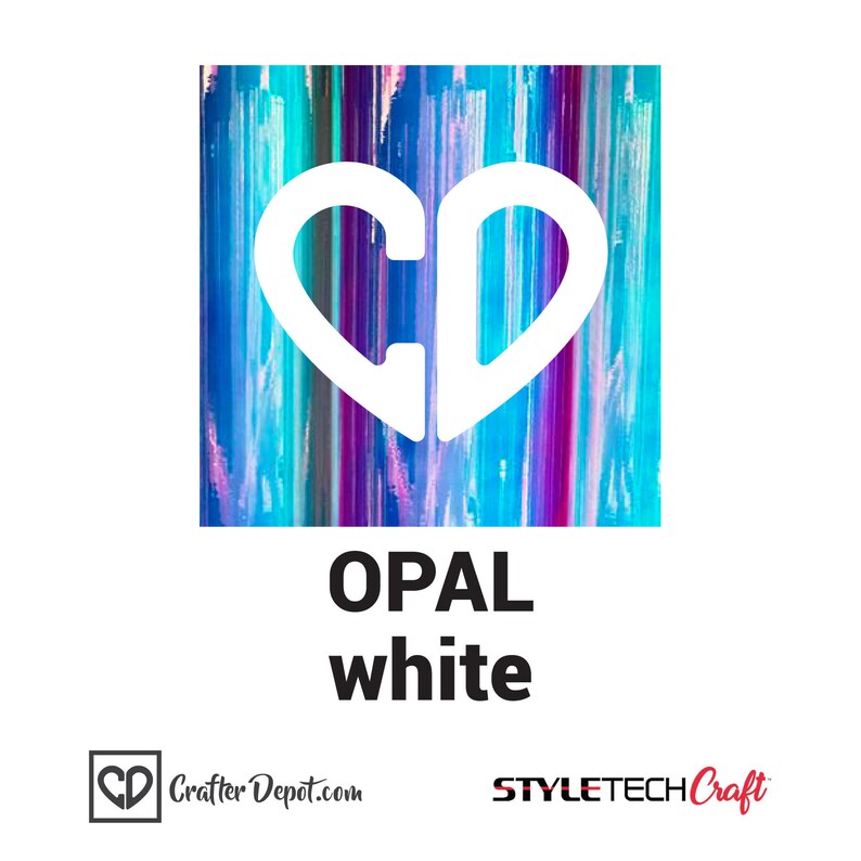 May include: A white heart with the letters "CD" inside, on a background of blue, purple, and pink vertical stripes. The text "OPAL white" is below the heart.