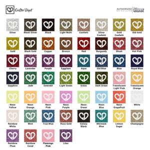 May include: A chart of 36 different colors of glitter, each color is represented by a heart shape with the color name written below it. The colors include silver, black silver, black, light multi, confetti, silver confetti, gold confetti, old gold, gold, black gold, copper, bronze, red, burgundy, blush, hot pink, cherry, lavender, purple, eggplant, aqua, old blue, blue, royal blue, sapphire, jade, emerald, light green, grass, dark green, translucent light pink, translucent orange, neon yellow, neon orange, neon pink, neon purple, neon green, neon blue, neon grapefruit, white, rainbow white, mint, true blue, rose gold, galaxy black, mermaid blue, lemon sugar, champagne, rainbow plum, rainbow coral, flamingo pink, lilac.