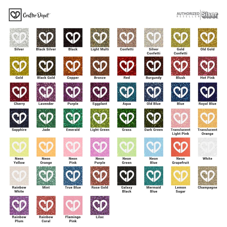 May include: A chart of 36 different colors of glitter, each color is represented by a heart shape with the color name written below it. The colors include silver, black silver, black, light multi, confetti, silver confetti, gold confetti, old gold, gold, black gold, copper, bronze, red, burgundy, blush, hot pink, cherry, lavender, purple, eggplant, aqua, old blue, blue, royal blue, sapphire, jade, emerald, light green, grass, dark green, translucent light pink, translucent orange, neon yellow, neon orange, neon pink, neon purple, neon green, neon blue, neon grapefruit, white, rainbow white, mint, true blue, rose gold, galaxy black, mermaid blue, lemon sugar, champagne, rainbow plum, rainbow coral, flamingo pink, lilac.