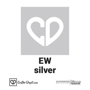 May include: A silver heat transfer vinyl sheet with the letters "EW" printed below. The sheet is in a square shape with a white heart containing the letters "CD" in the center.