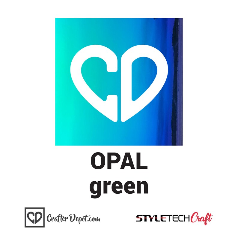 May include: A square image with a gradient of blue and green colors. The image has a white heart shape with the letters "CD" inside. The text "OPAL green" is below the image.