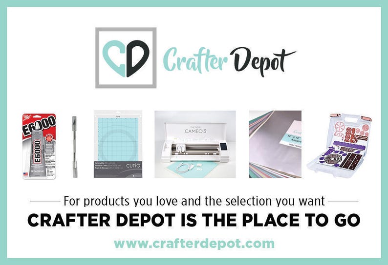 May include: A collage of crafting supplies, including a cutting machine, adhesive, cutting mat, and a case of craft tools. The text "Crafter Depot is the place to go" and the website address "www.crafterdepot.com" are displayed below the collage.