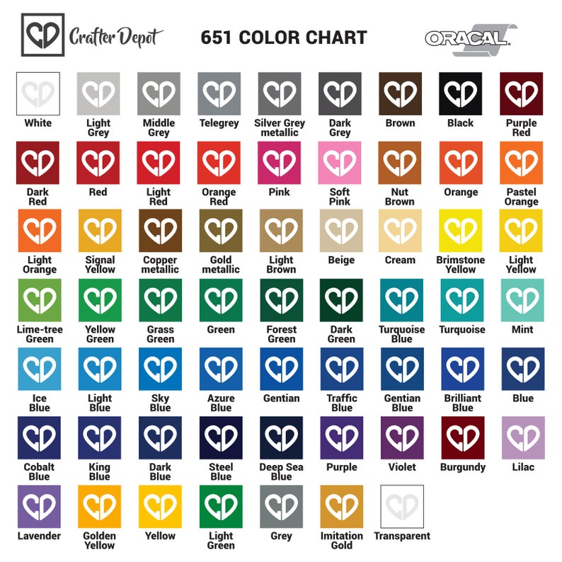 Op de afbeelding: Een kleurenkaart met 651 kleuren van Oracal vinyl. De kaart toont een verscheidenheid aan kleuren, waaronder wit, zwart, rood, blauw, groen, geel, oranje, paars en bruin. Elke kleur is gelabeld met zijn naam.