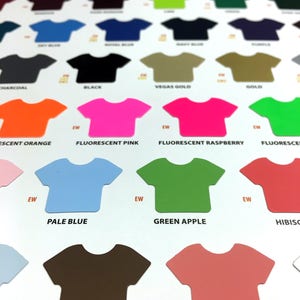 May include: A color chart of t-shirt colors, with each color represented by a small t-shirt shape. The colors include charcoal, black, Vegas gold, gold, fluorescent orange, fluorescent pink, fluorescent raspberry, pale blue, green apple, chocolate, melon, and hibiscus.