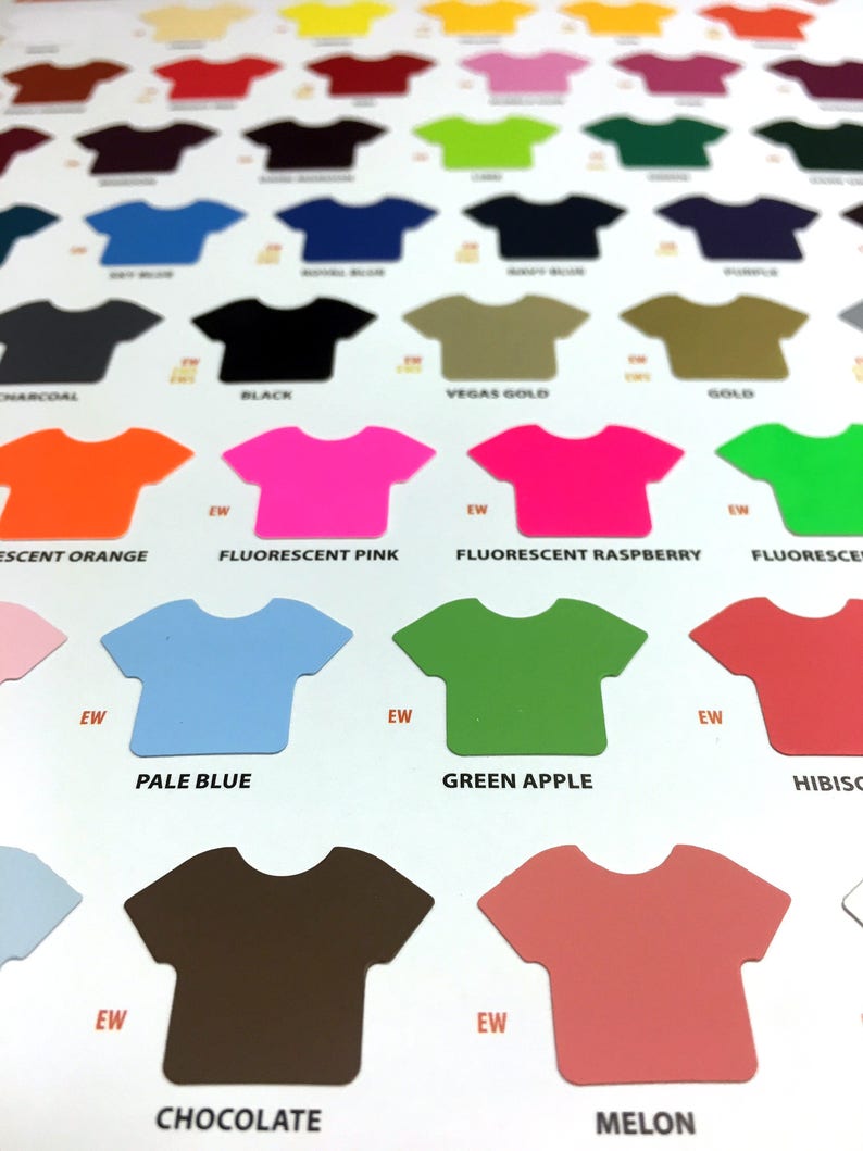 May include: A color chart of t-shirt colors, with each color represented by a small t-shirt shape. The colors include charcoal, black, Vegas gold, gold, fluorescent orange, fluorescent pink, fluorescent raspberry, pale blue, green apple, chocolate, melon, and hibiscus.