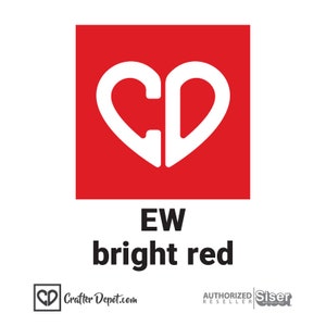 May include: A red square with a white heart-shaped "CD" logo. The text "EW bright red" is below the square.