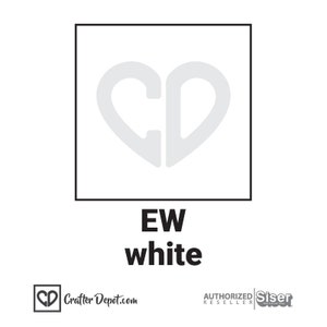 K&ouml;nnte beinhalten: Wei&szlig;es Transferfolie mit den Buchstaben "EW" und dem Wort "wei&szlig;" darunter. Die Folie befindet sich in einem quadratischen Rahmen mit einem herzf&ouml;rmigen "CD"-Logo oben links.