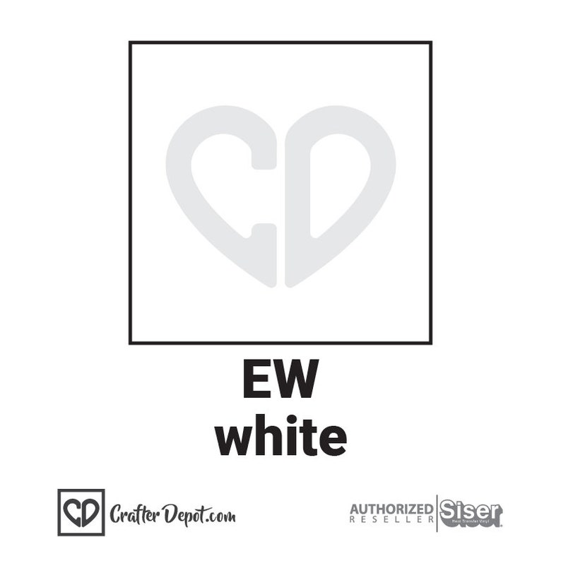 K&ouml;nnte beinhalten: Wei&szlig;es Transferfolie mit den Buchstaben "EW" und dem Wort "wei&szlig;" darunter. Die Folie befindet sich in einem quadratischen Rahmen mit einem herzf&ouml;rmigen "CD"-Logo oben links.