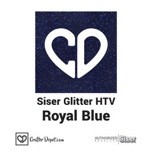 May include: Siser Glitter HTV in Royal Blue. A square image shows a sample of the glitter iron-on vinyl. The vinyl is a deep blue color with a sparkly finish. The image has a white heart with the letters "CD" inside the heart.